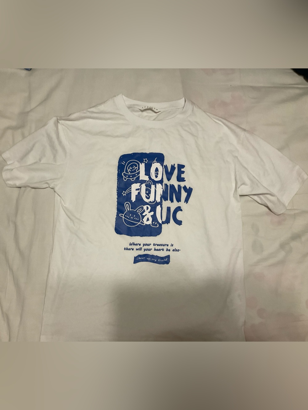 TONLION White Graphic Tee M LOVE FUNNY UC Blue Print 100 Cotton NWOT